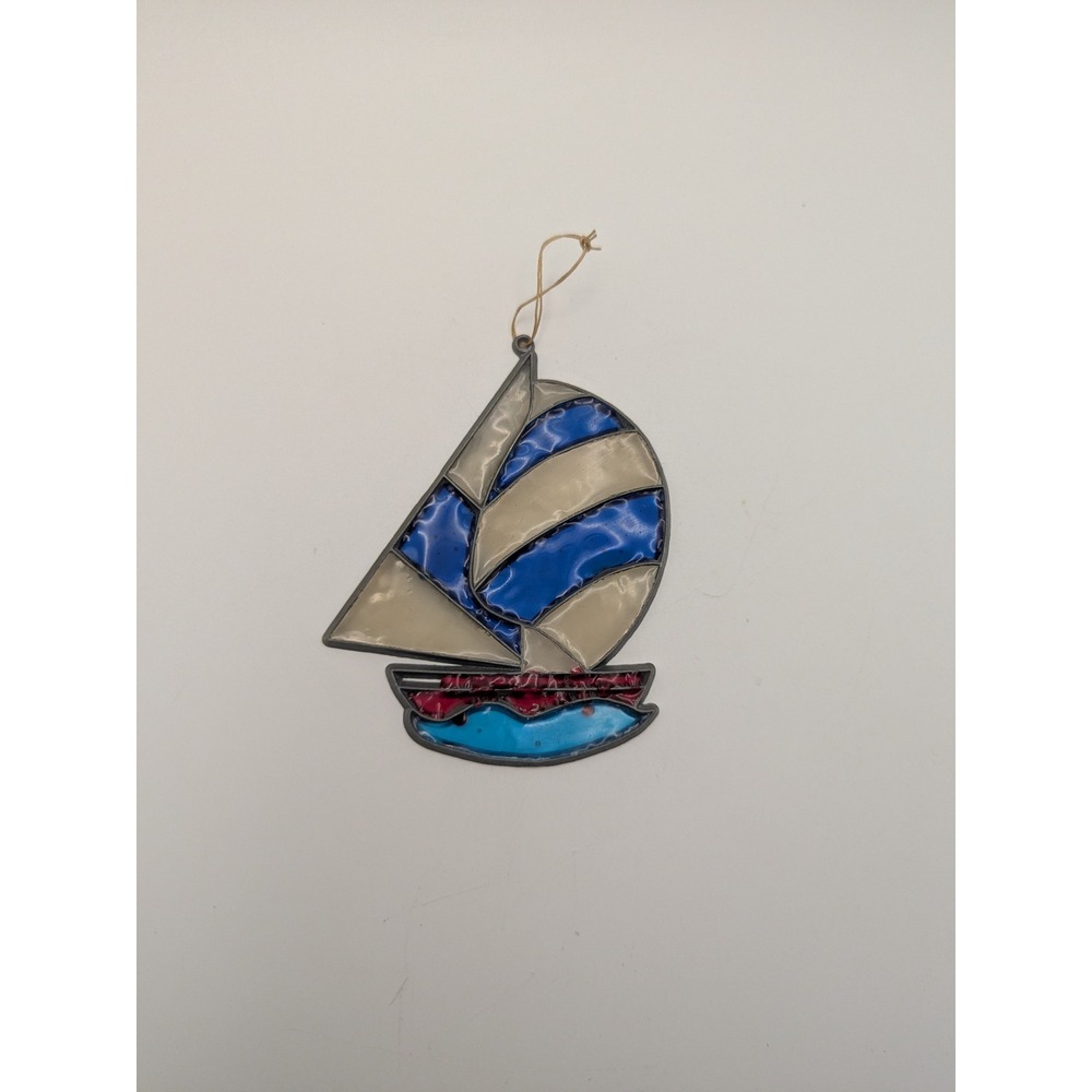 Vtg Stained Suncatcher Sailboat Window Ornament Decor Nautical Beach Coastal
